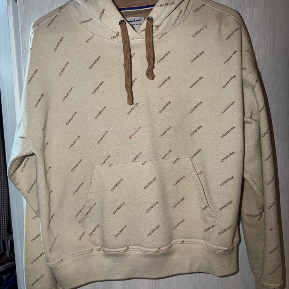Champion Cream Hoodie with Red & Blue Trim
